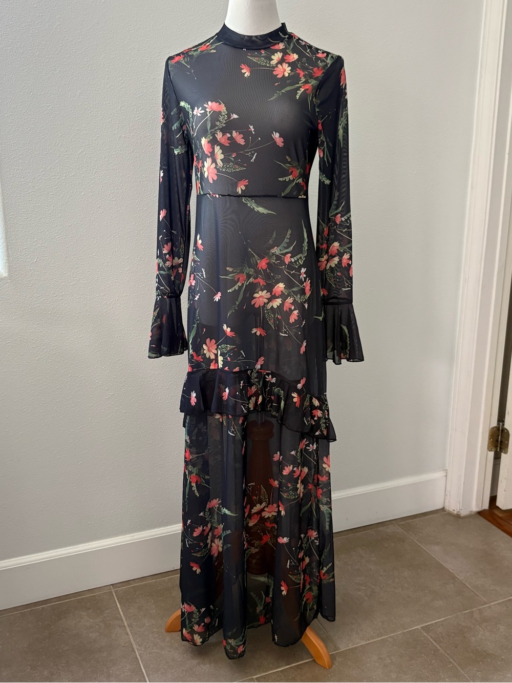 Floral Black Mesh Maxi Dress with Ruffle Hem